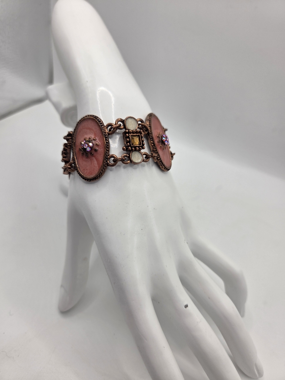 Michael Negrin Victorian Copper Pink Amber Enamel Swarovski Panel Bracelet